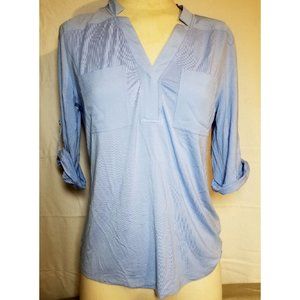 Calvin Klein Women's sky blue top, roll sleeves, V-neck 2 breast pockets modern